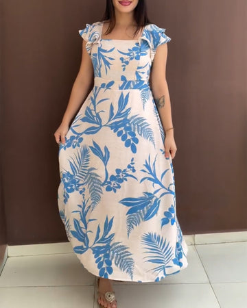 Floral Print V Neck Short Sleeve Shirred Dress